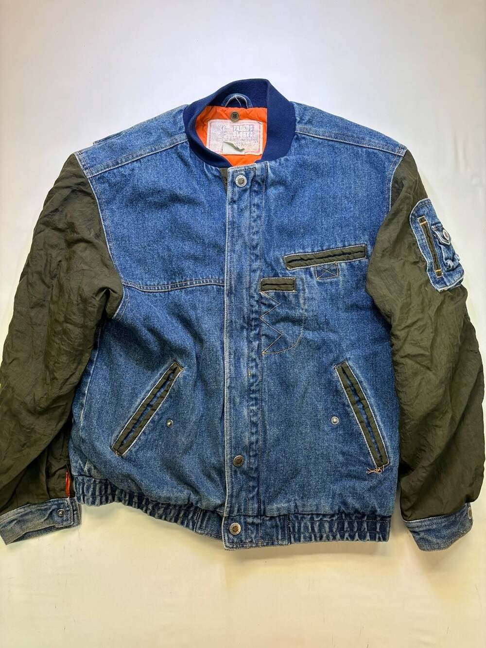 Faded Glory Vintage Denim Bomber Jacket Blue Nylon Sleeves